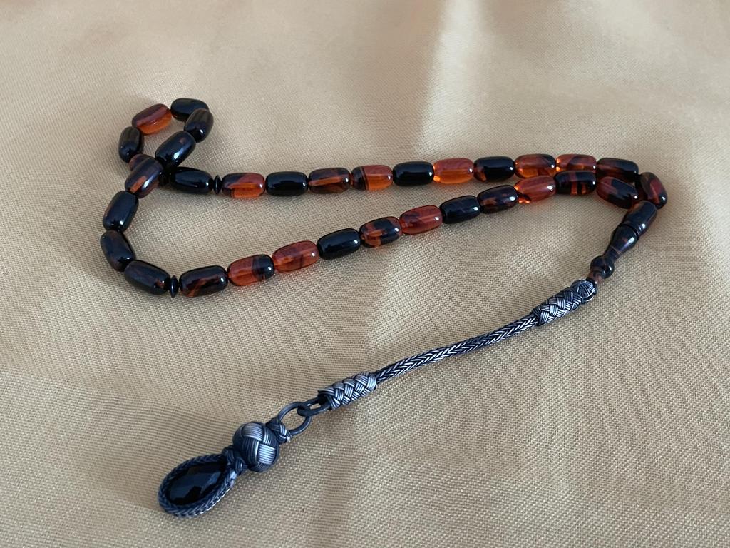 Молитвенные бусы из огненного янтаря 1000 пробы Серебряные кисточки Kazaziye Оранжевые черные четки, исламские мусульманские четки Misbaha, роскошный подарок 33 четки