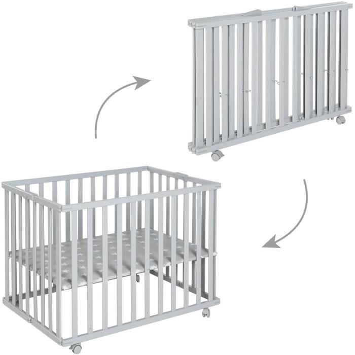 Parc bébé pliable - ROBA - LITTLE STARS - 75 x 100 cm - Hauteur réglable - 4 Roues freinées - Bois Laqué Gris Taupe - Motif Étoile