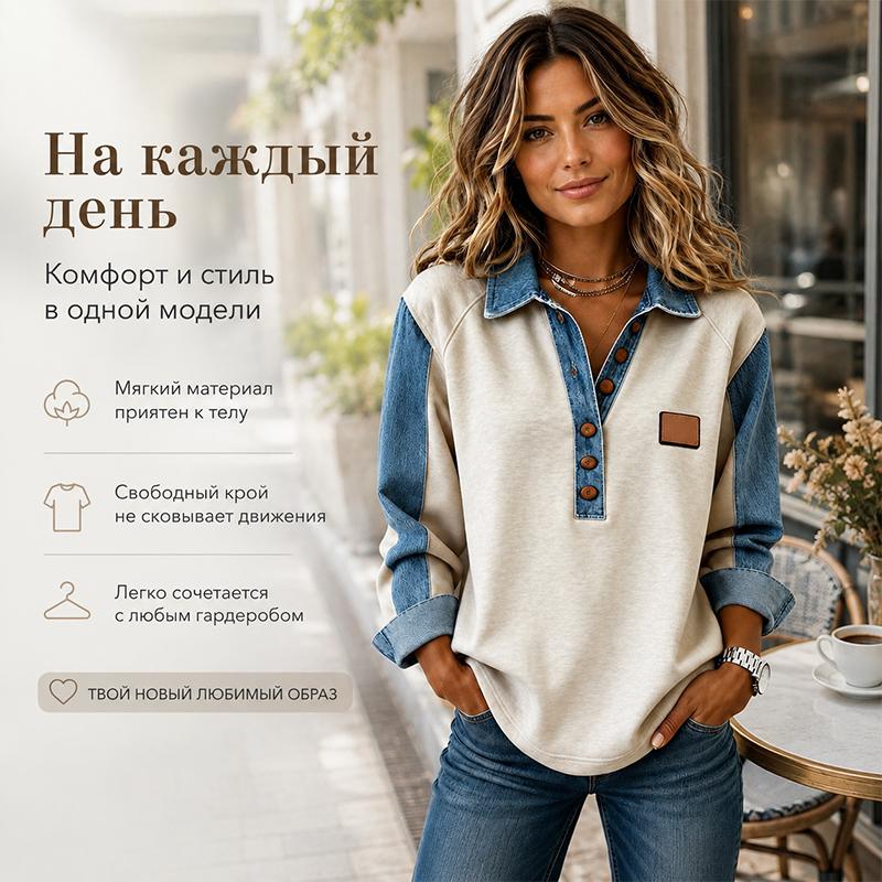 Женская толстовка с контрастным джинсовым воротником, топ с планкой на пуговицах в стиле хенли, свободного кроя, мягкая и комфортная блузка с длинным рукавом для женщин, повседневная уличная одежда