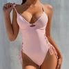 Spaghetti Strap Backless Women Swimsuit Sexy Drawstring One Piece Bikinis Padded Beachwear Underwire Skin-friendly Swimsuit