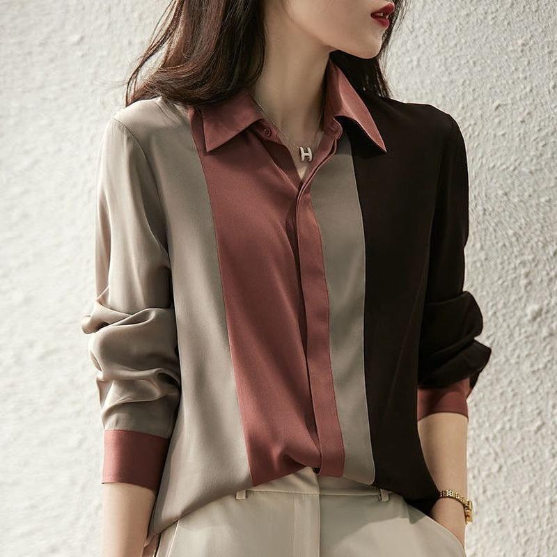 Sleeve Vintage Elegant Long Women Blouses Fall Hit Color Lapel Neck Loose Work Shirt Full Button Woman Clothing M3xl