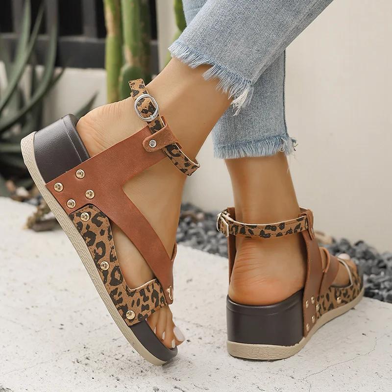 Fashion Summer Leopard Print Wedge Sandals Women Plus Size Ankle Strap High Heel Sandal Female New Slip On Pu Leather Sandalias Mujer