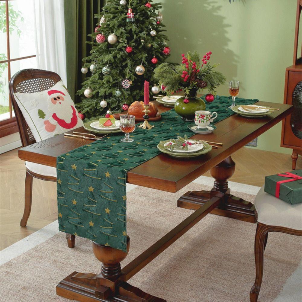Embroidered Christmas Tree Table Runner Embossed Design Rectangular Christmas Table Cover Long Dining Tablecloth New Year