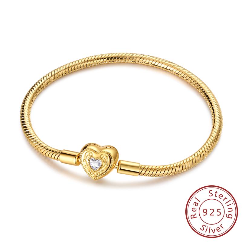 Original Bracelet 925 Sterling Silver Charm Bracelet 17-20CM Golden Heart Love Key Snowflake Bracelet Bangle Women Jewelry Gift