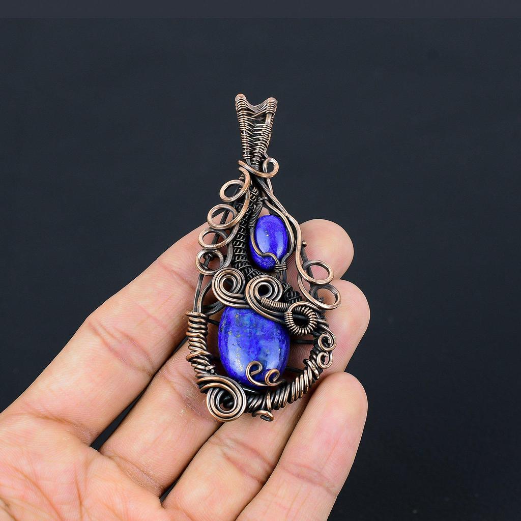 Подвеска из лазурита, ювелирное изделие из драгоценного камня ручной работы, подвеска, обернутая медной проволокой 999 пробы, ювелирная подвеска уникального дизайна
