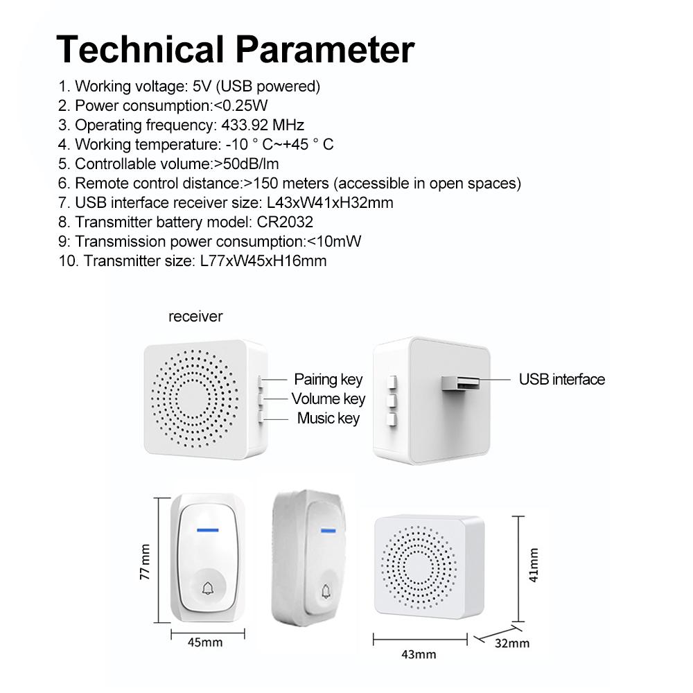 USB Беспроводной Дверной Звонок Умный Приветственный Дверной Звонок Трехуровневая Громкость 38 Мелодий Дверной Звонок Для Дома Звонок для Кровати Экстренный Звонок