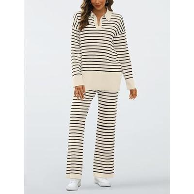 Женский свободный трикотажный костюм с длинным рукавом и полосатым воротником-поло на весну и осень