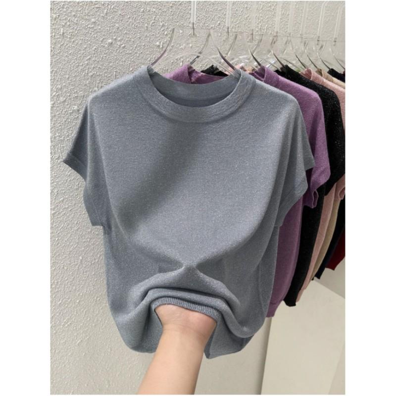 Женская летняя тонкая свободная футболка с круглым вырезом, однотонный трикотажный топ