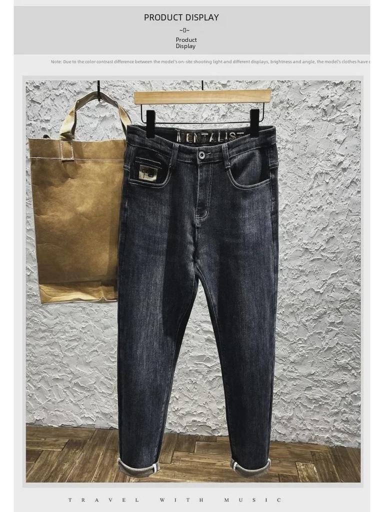 Весна 2023 г. Мужские облегающие джинсы с вышивкой и эластичной отделкой