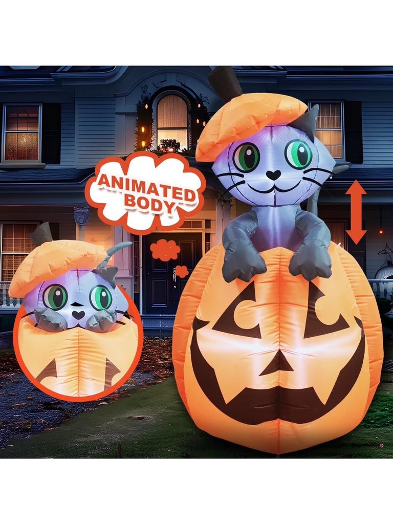Joyfy 5 Ft Animated Kitty Cat Halloween Inflatable On Pumpkin Outdoor Decoration Halloween Blow Up Yard Lawn Inflatables
