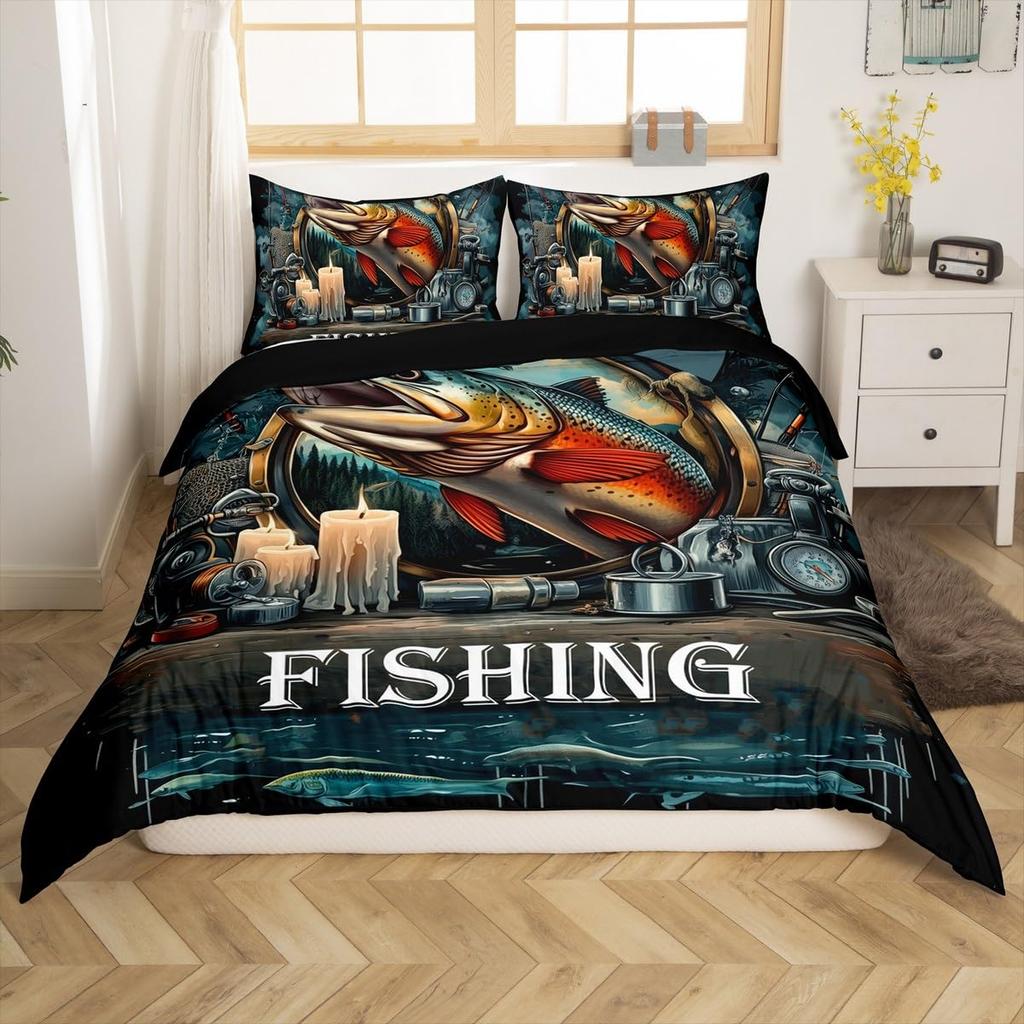 Fishing Duvet Cover Sets For Adults Queen Size Quilt Covers Lightweight Down Room Decor 2 Pillowcases 1 Duvet Cover No Comforter