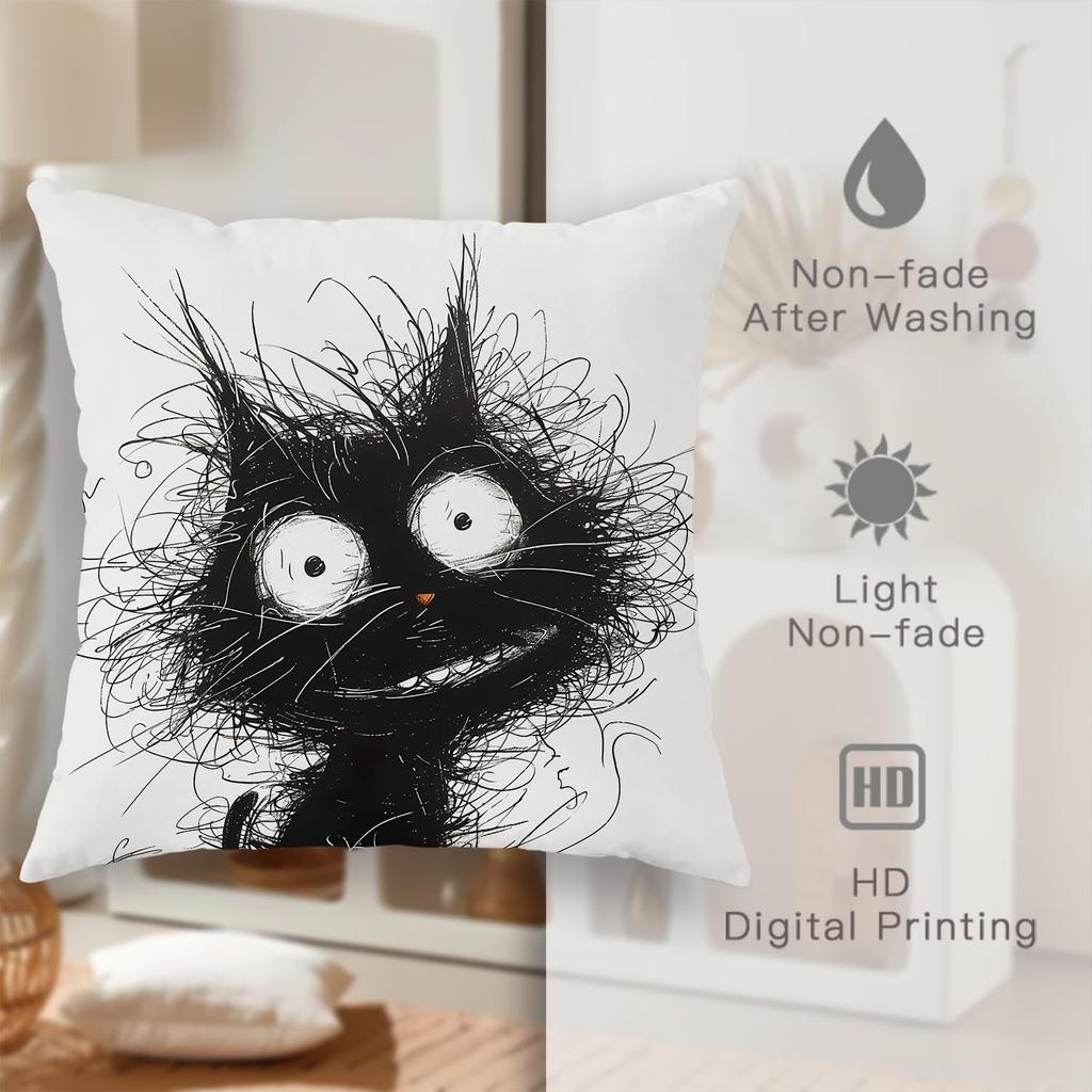 Funny Black Cat Throw Pillow Covers 18x18 Set of 4, Cartoon Gothic Pet Pillow Cases Kit with Zipper, Fun Kids Goth Cat Pillows for Cat Lovers Velvet