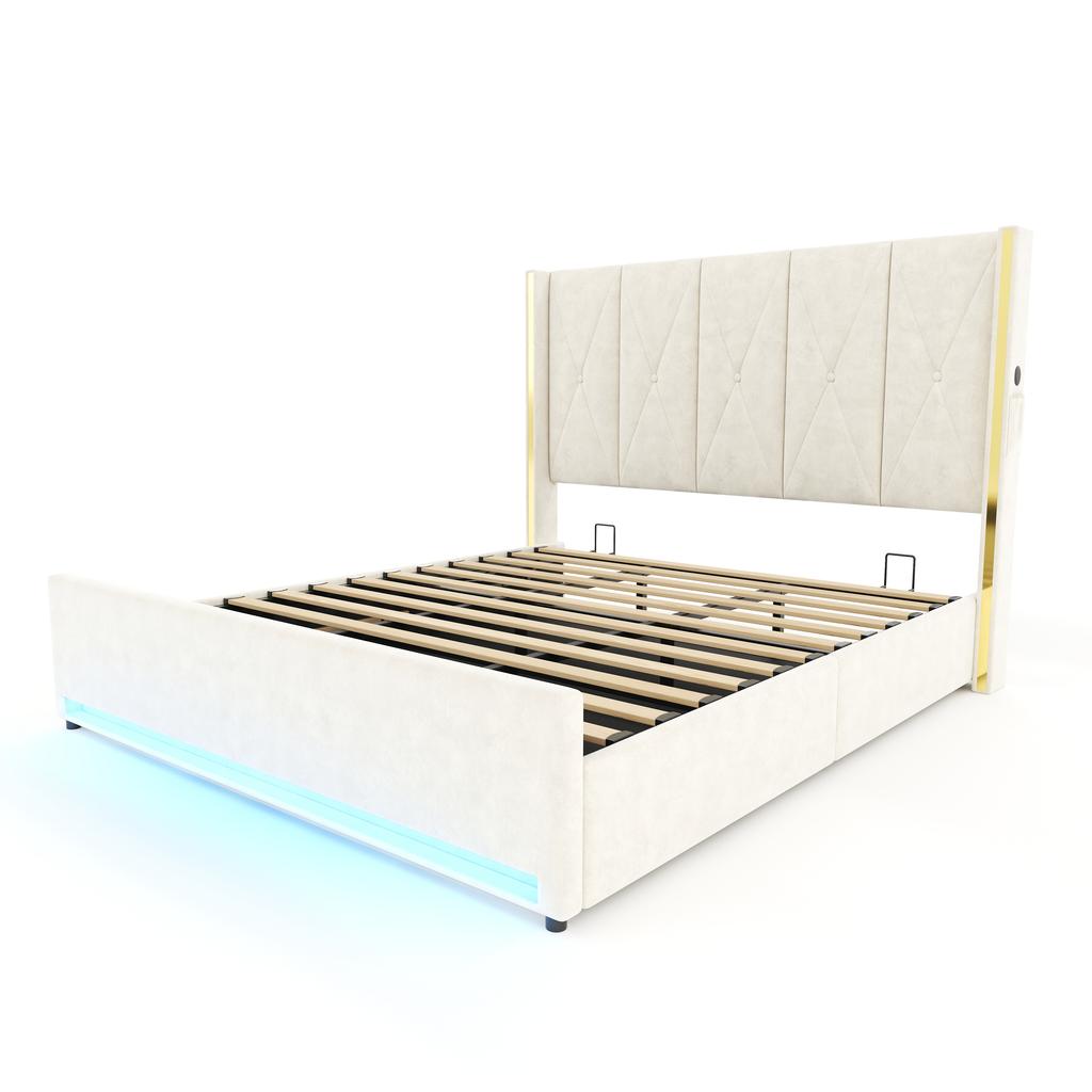 Velvet Bed with High, Padded and Quilted Headboard, Side Pockets, USB & LED, Hydraulic Lift System & Large Under-Bed Storage. 180×200cm
