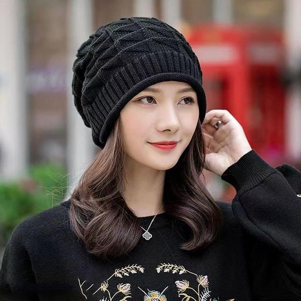 Solid Color Knitted Hat Oversized Skullcap Casual Beanie Hats Women Men