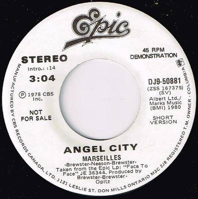 7-дюймовая пластинка ANGEL CITY - Марсель DJ950881 Epic 1980 Канада Рок Б/У