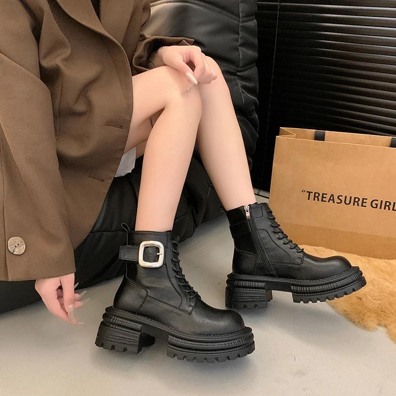 Fashion Women's Shoes 2024 Brand Side Zipper Women's Boots Fashion Front Lace-up Modern Boots Women New Belt Buckle Solid Ankle Boots