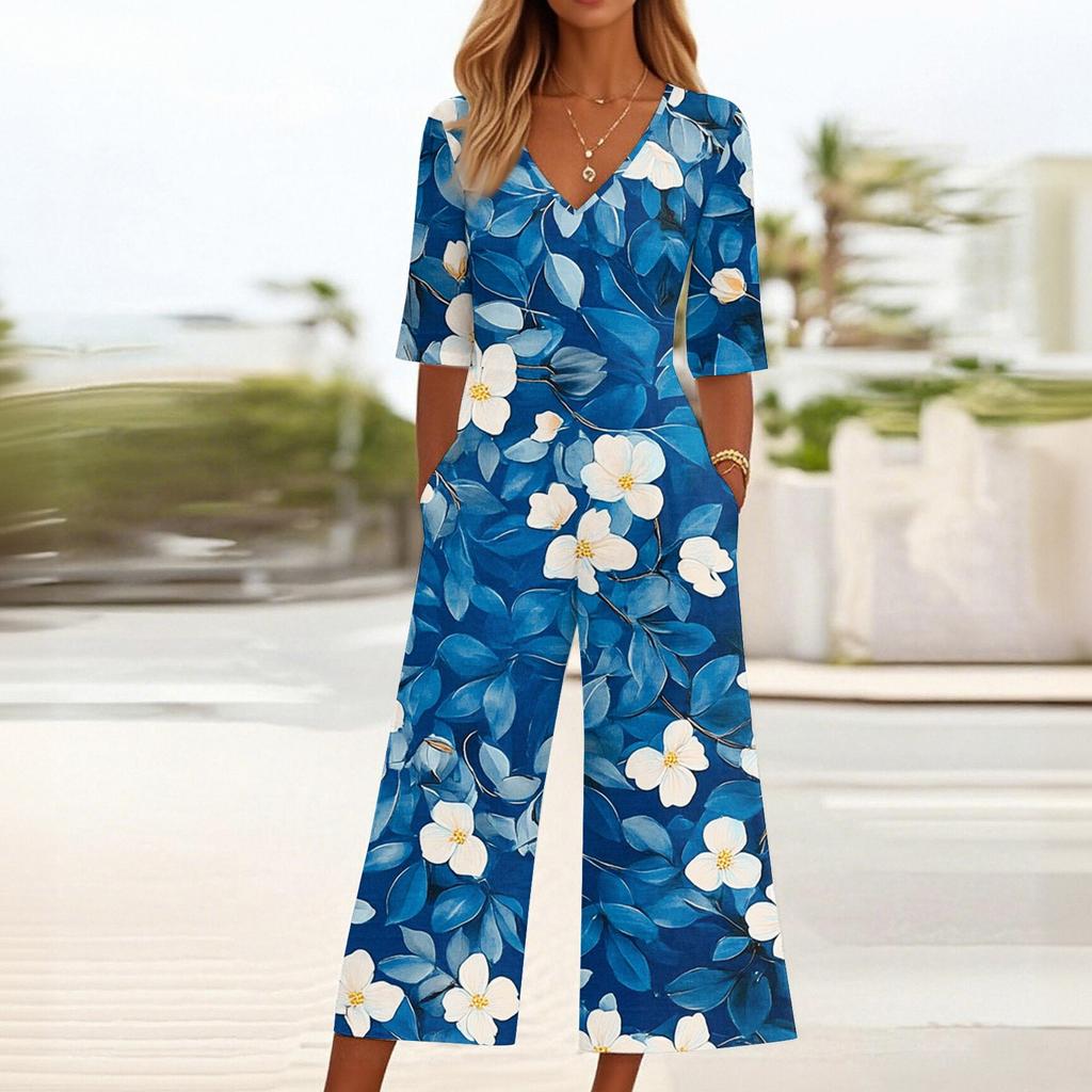 Женский свободный повседневный комбинезон с V-образным вырезом и принтом, облегающий комбинезон с широкими штанинами, комбинезон с широкими штанинами