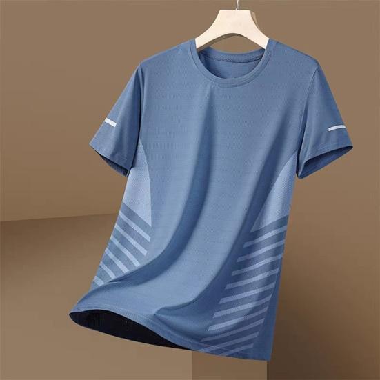 Summer Men Top Ice Silk Quick-drying Mesh Short Sleeves Plus Size O Neck Loose Contrast Color Thin Elastic Casual Pullover Daily Sport T-shirt