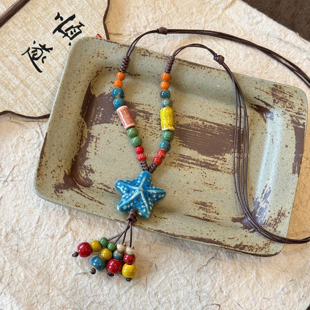 Tassel Ethnic Style Necklace Colorful Beads Bohemian Style Necklace Long Sweater Chain  Girls Gifts