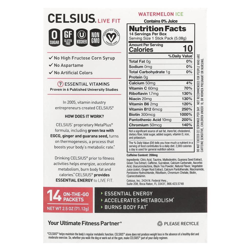 Celsius, Live Fit, Watermelon Ice, portable 14 packs, 5.08 g (0.18 oz) each