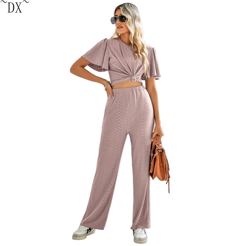 DX - весеннее и летнее новое желание, женский однотонный повседневный вязаный ажурный комплект с круглым вырезом для внешней торговли в Европе и Америке