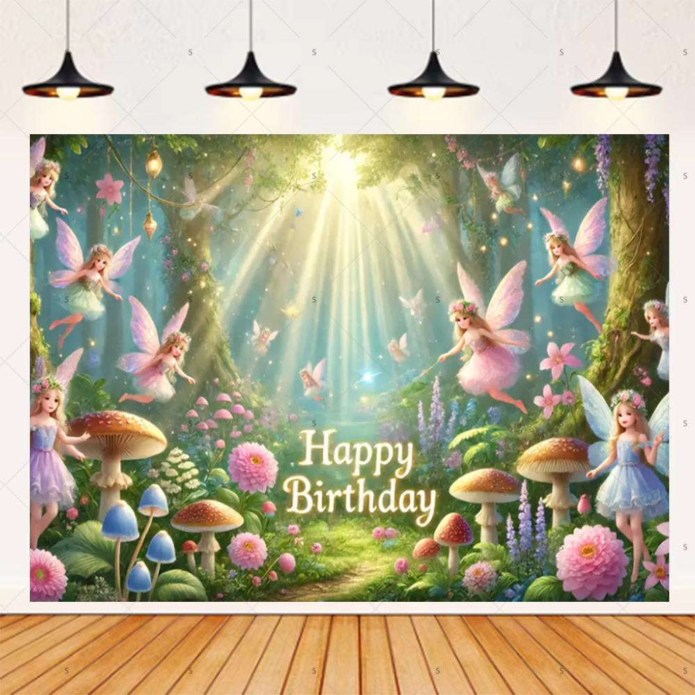 Magic Forest Butterfly Fairy themed party banner background, children's birthday party decoration photography studio background10