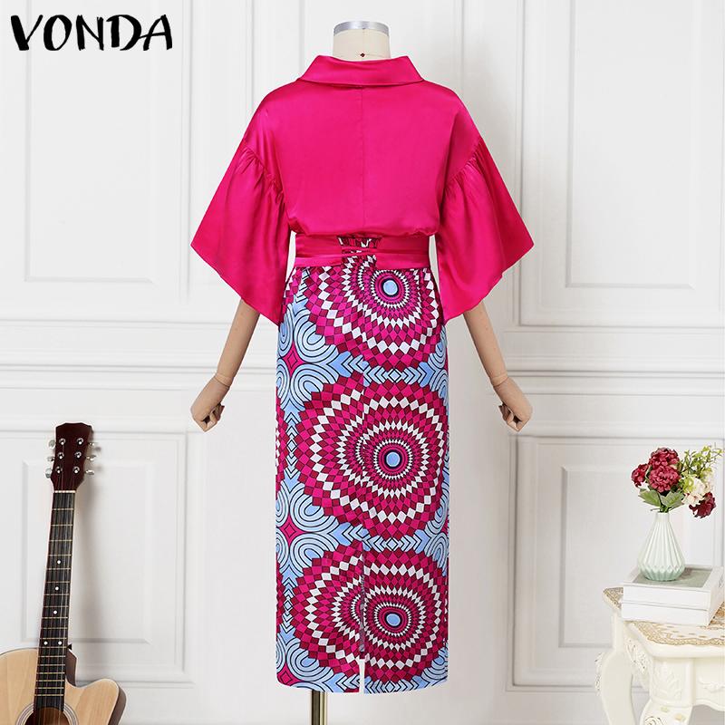 VONDA Женские костюмы с топом и юбкой большого размера с расклешенным воротником и длинными рукавами