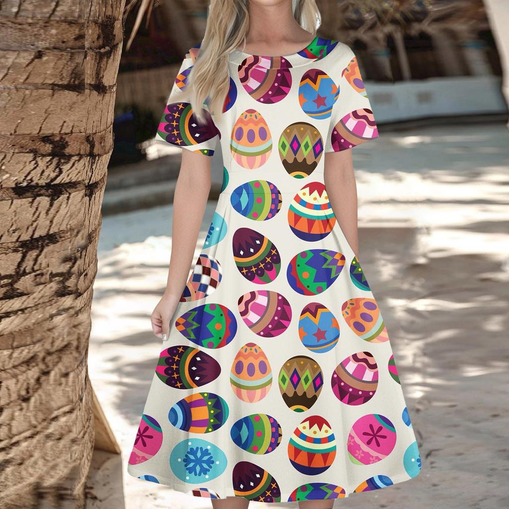 Женское повседневное модное платье с пасхальным принтом, круглое платье с коротким рукавом и талией, средней длины (с молнией)