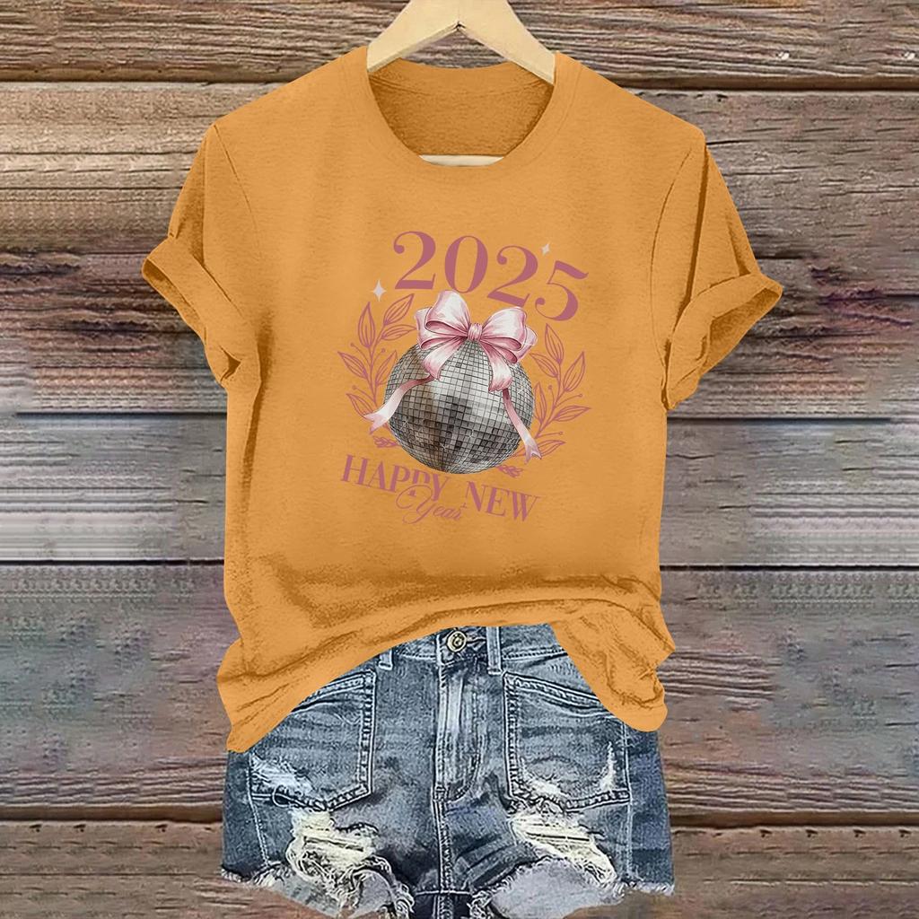 Ladies Casual 2025 New Year Printed Round Neck Short Sleeve T-Shirt Top