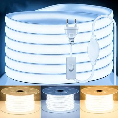 Светодиодная лента 220 В Водонепроницаемая линза COB Гибкая лента с выключателем/диммируемая Вилка ЕС для комнаты, спальни, кухни, наружного освещения сада