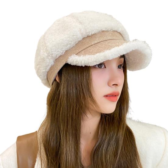 Winter Octagonal Cap Thick Plush Short Brim Contrast Color Keep Warm Peaked Cap Literary Retro Style Headwear for Work Travel Daily Wear