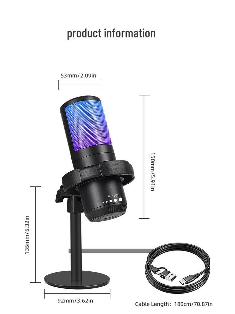 RGB USB Microphone with Desktop Boom Arm, One-Key Mute, Monitoring for Streaming, Gaming, Recording, KTV.