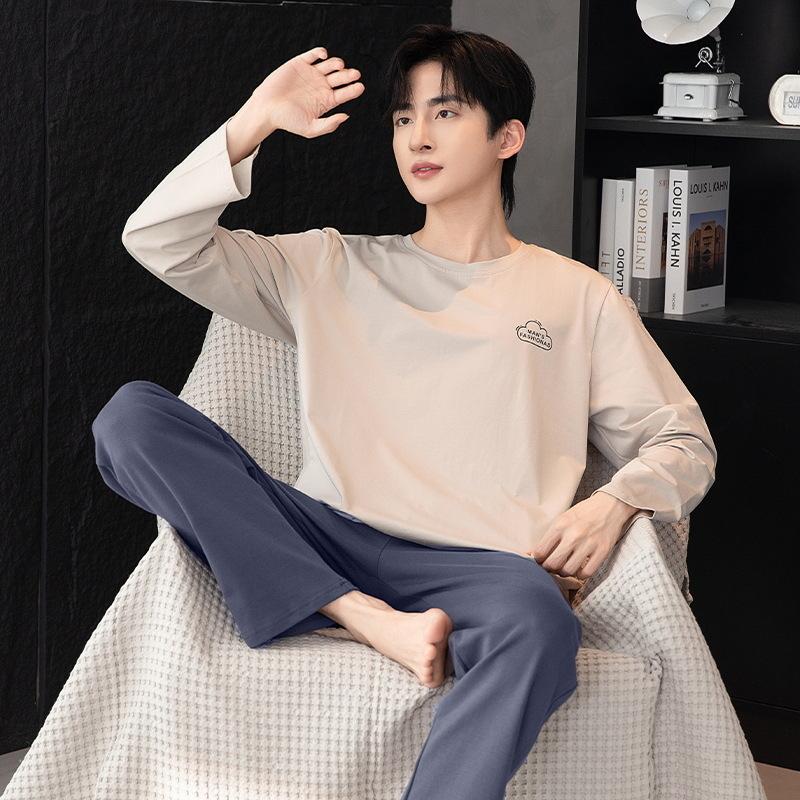 Two Pieces Set Men's Cotton Pajamas Set Long Sleeves Sleeping Top Pant Nightwear Big Size L-3XL Pyjamas Young Boy Pijamas Hombre