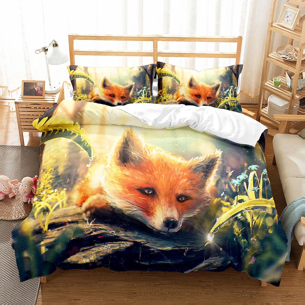 Cartoon Cute Fox 3D Print Bedding Set Polyester Comforterable Duvet Cover King Queen Twin Size Birthday Gift Bedroom Decoration