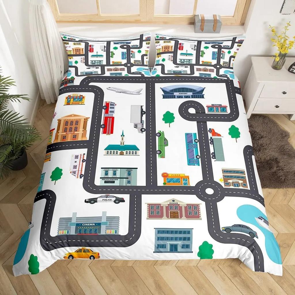 Детский мультяшный комплект пододеяльника с принтом машинок, комплект постельного белья с изображением города, улицы, дороги, из микрофибры, чехол для одеяла размера твин, квин