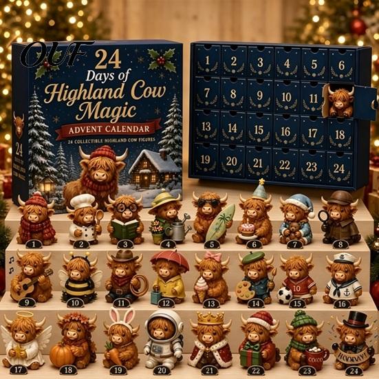 Holiday Countdown Decorations 24 Days of 3D Highland Cow Christmas Advent Calendar, Cute Farm Gift for Boys Girls Cattle Calendar with Mini Figurines
