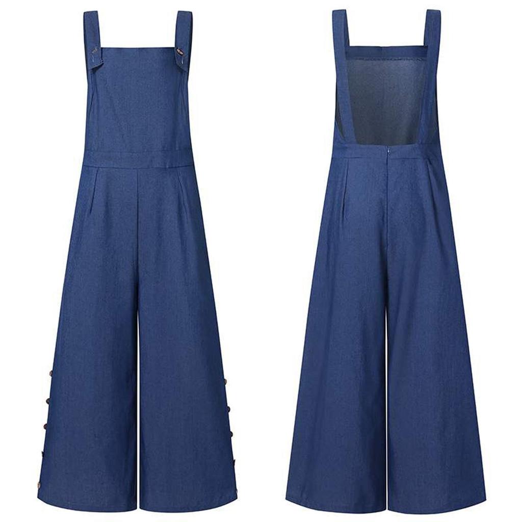 Women's Casual Solid Color Denim Side Pockets Wide Leg Side Button Jumpsuit