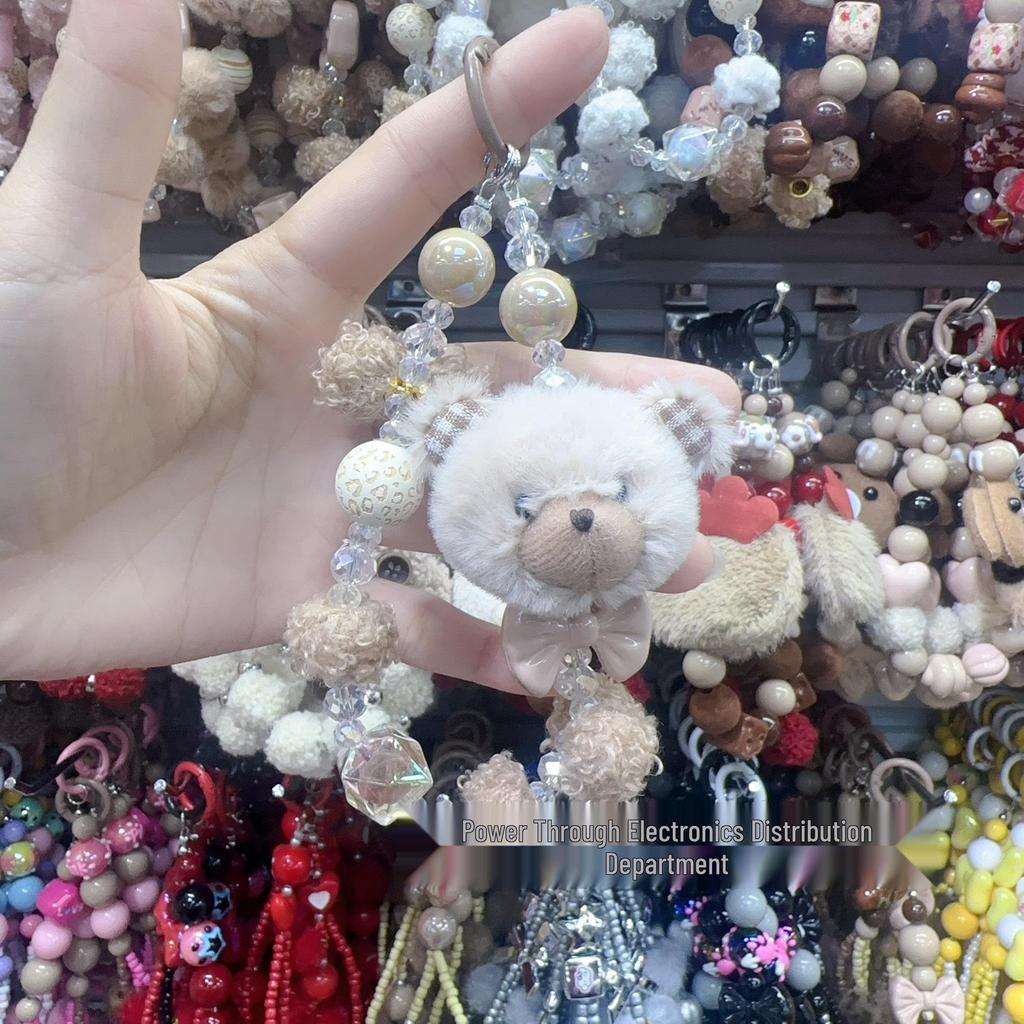 Autumn/Winter Plush Rabbit Teddy Bear Pompon Mobile Phone Chain with Bowknot and Beaded Key Lanyard