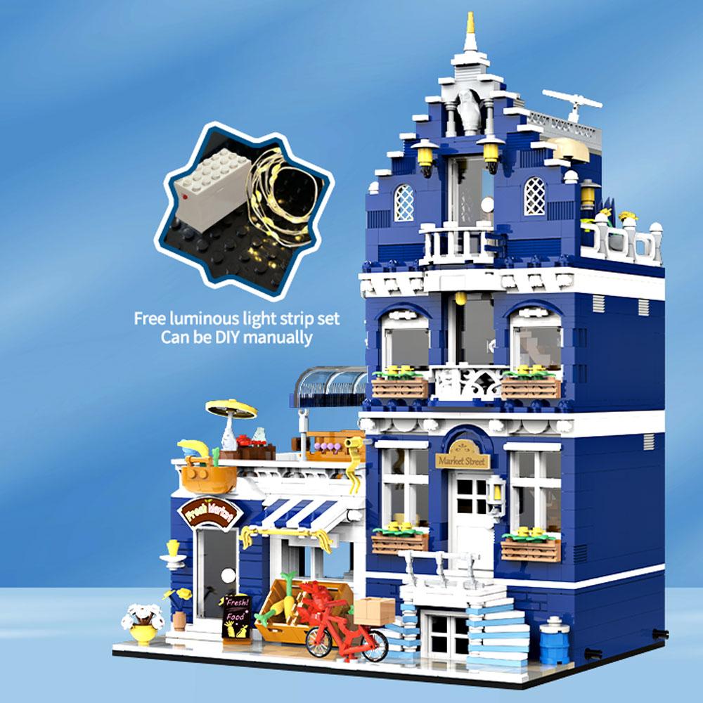 Market Street Villa House Building Blocks Bricks Creative Architectural Scene Light Model Assemble Kids Toy Gift