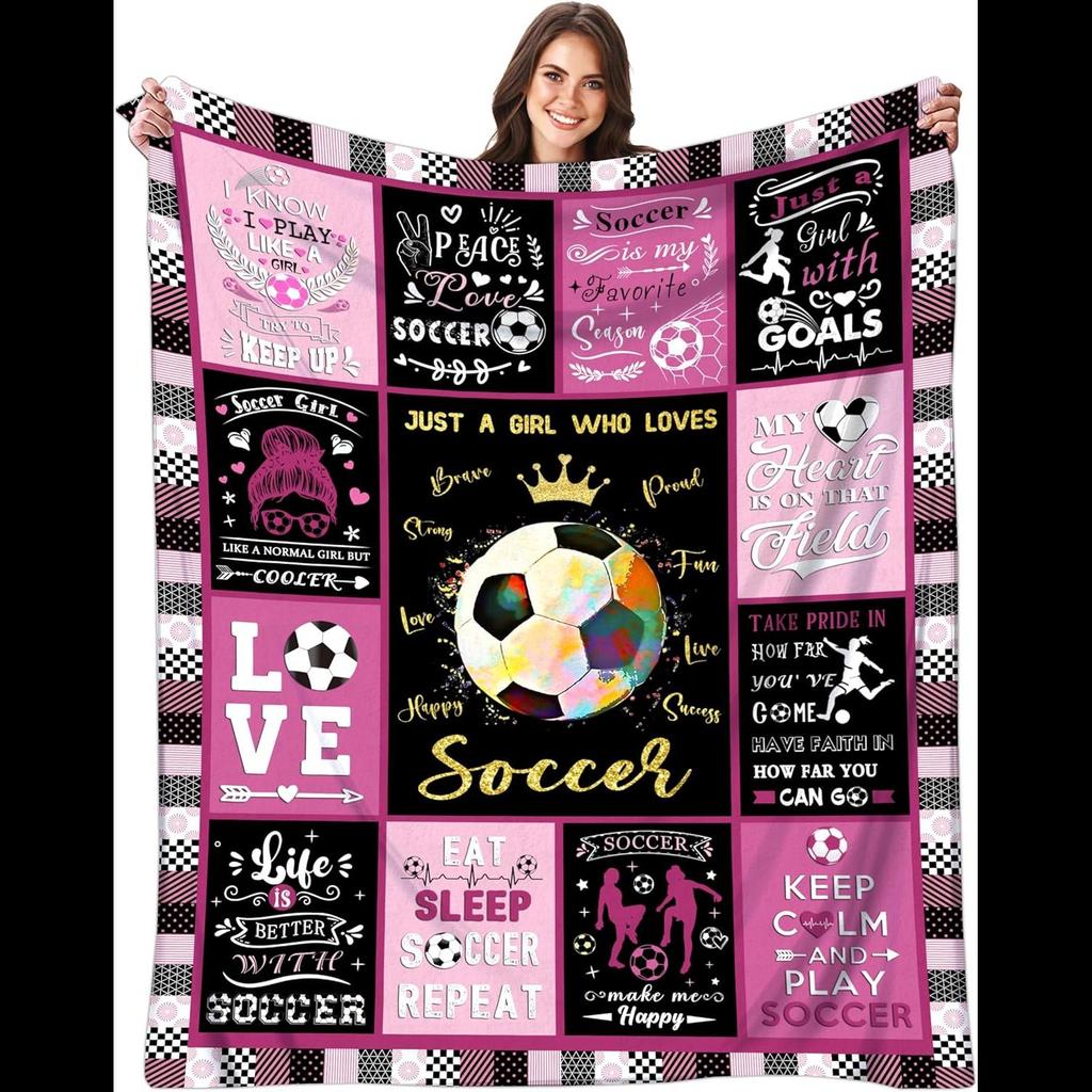 Soccer Throw Blanket Ultra Soft Flannel Gift for Soccer Fans Girls Women x Perfect for Kids and Adults