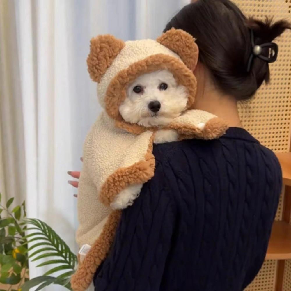 Thick Fleece Pet Cape Cloak Bear Ear Design Pet Sleeping Blanket for Small Medium Cats Dogs