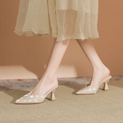 Летние новые мюли на среднем каблуке, крутые шлепанцы, женские туфли на высоком каблуке, на толстом каблуке, универсальные, с закрытым носком, полушлепанцы, примерочная, женская обувь