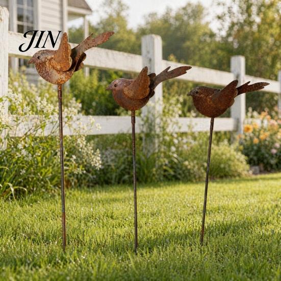 Whimsical Yard Accents 3PCS Rusty Metal Bird Ground Stake, Cute Birds Sculpture, Animals Decorative Fun Shaped Garden Art Stake for Outdoor