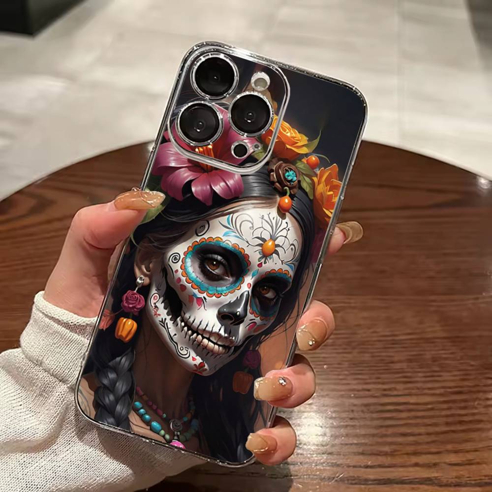 Day of the Dead Catrina Skull Clear Hard Phone Case For iPhone 17 16 15 14 13 12 11 Mini Pro Max Plus Transparent Cover