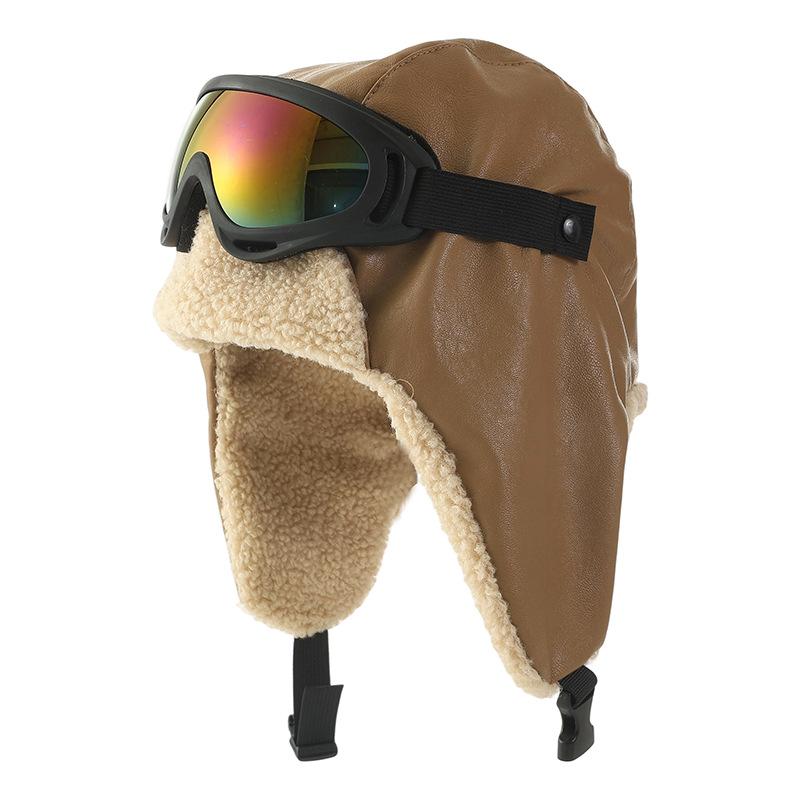 Outdoor Mountaineering and Skiing PU Leather Pilot Hat Removable Goggles Set Winter New Windproof and Warm Hat