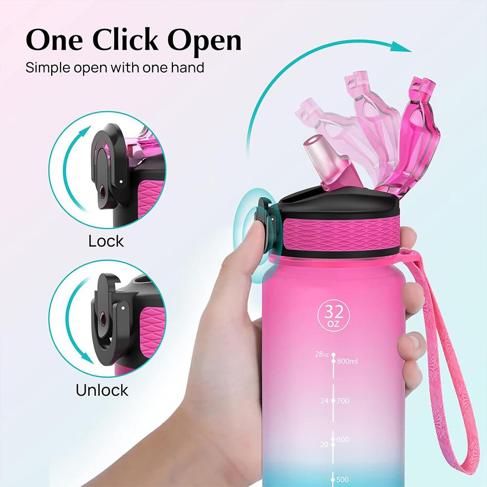1L Sports Water Bottle With Straw Time Marker Gradient Color Motivational Bottle Leakproof Outdoor Student Drinking Water Cup