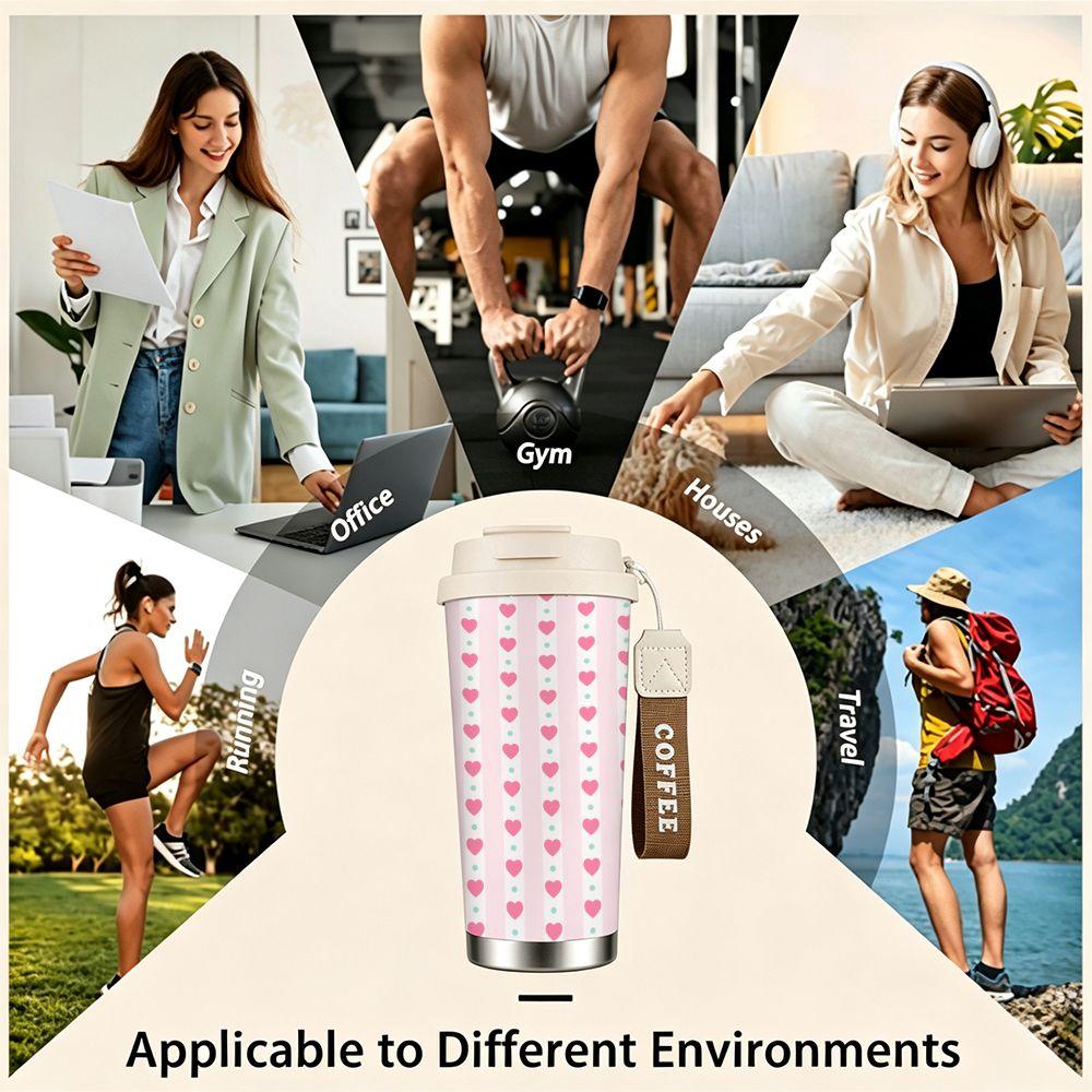 Cute Pink Heart Striped Print Insulated Coffee Tumbler Double Walled Stainless Steel Vacuum Travel Mug Leakproof Reusable Cup for Daily Gift