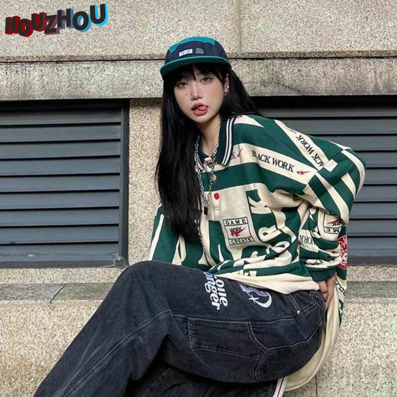 Женская винтажная свободная рубашка-поло свободного размера в стиле хип-хоп с лацканами в стиле Харадзюку для девочек