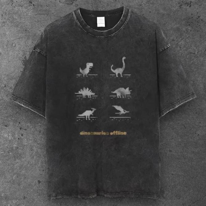 Unisex Pixel Dinosaur Game Oversized T Shirt Washed Black Y2K Streetwear S-3XL