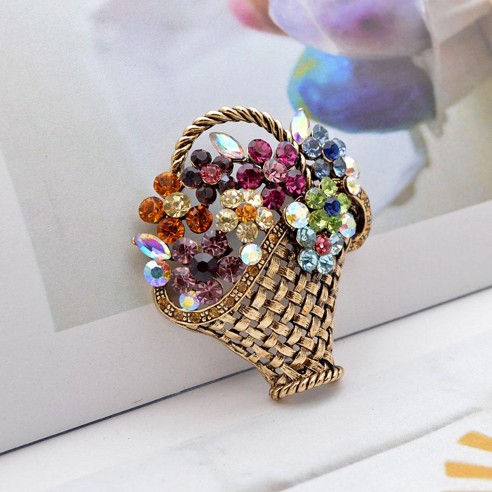 Creative Flower Basket Zircon Brooch Vintage Colorful Pins Women Fashion Jewelry Clothes Coat Decoration Scarf Buckle